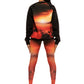 Woman who looks like Beyoncé or Aaliyah wears a cosmic mars sunset printed Italian fleece sweater with matching leggings, back view