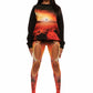 Woman who looks like Beyoncé or Aaliyah wears a cosmic mars sunset printed Italian fleece sweater with matching leggings, front view