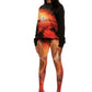 Woman who looks like Beyoncé or Aaliyah wears a cosmic mars sunset printed Italian fleece sweater with matching leggings, side view