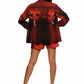 Woman who looks like Beyoncé or Aaliyah wears a cosmic sunset printed long sleeve button up shirt with snaps, back view
