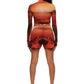 Woman who looks like Beyoncé or Aaliyah wears a cosmic sunset on mars printed long sleeve mesh top with gauntlet sleeve, back view