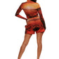 Back view of woman who looks like Beyoncé or Aaliyah wears cosmic Mars sunset printed mesh short basketball shorts QR logo detail