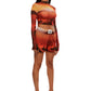 Side view of woman who looks like Beyoncé or Aaliyah wears cosmic Mars sunset printed mesh short basketball shorts QR logo detail