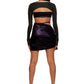 Woman who looks like Beyoncé or Aaliyah wears a berry colored stretch cooling smooth nylon asymmetrical ruched mini skirt with matching bikini top, back view.