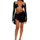 Woman who looks like Beyoncé or Aaliyah wears berry colored stretch cooling smooth nylon bikini top with adjustable clear straps for comfortability, paired with matching skirt and bikini bottom, front view.