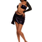 Woman who looks like Beyoncé or Aaliyah wears a berry colored stretch cooling smooth nylon asymmetrical ruched mini skirt with matching bikini top, front view.