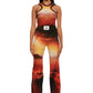 Woman who looks like Beyoncé or Aaliyah wears cosmic Mars sunset printed wide leg pant, front view 