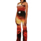 Woman who looks like Beyoncé or Aaliyah wears cosmic Mars sunset printed wide leg pant, side view 