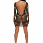 Woman who looks like Beyoncé or Aaliyah wears a grey or gray printed body contouring stretch mesh dress with gauntlet sleeves and open back detail with adjustable clear strap