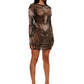 Woman who looks like Beyoncé or Aaliyah wears a grey or gray printed body contouring stretch mesh dress with gauntlet sleeves and open back detail with adjustable clear strap