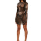 Woman who looks like Beyoncé or Aaliyah wears a grey or gray printed body contouring stretch mesh dress with gauntlet sleeves and open back detail with adjustable clear strap