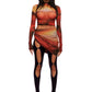 Woman who looks like Beyoncé or Aaliyah wears berry colored stretch cooling smooth nylon leggings with open detail clasp front and stirrup style opening, front view. Paired with sunset on Mars printed long sleeve top.