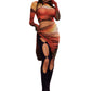 Woman who looks like Beyoncé or Aaliyah wears berry colored stretch cooling smooth nylon leggings with open detail clasp front and stirrup style opening, side view. Paired with sunset on Mars printed long sleeve top.