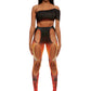 Woman who looks like Beyonce or Aaliyah wears sunset printed jersey leggings with cutout details in the front attached with snaps and heel cutout