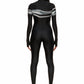 Woman wears black printed wetsuit or catsuit with chrome detail across chest and QR logo with heel cutout and back zipper