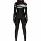 Woman wears black printed wetsuit or catsuit with chrome detail across chest and QR logo with heel cutout Beyonce, Rihanna, Aaliyah