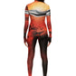 Woman wears Mars sunset print wetsuit or catsuit with chrome detail across chest and QR logo with heel cutout and back zipper
