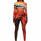Woman wears Mars sunset print wetsuit or catsuit with chrome detail across chest and QR logo with heel cutout