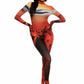 Woman wears Mars sunset print wetsuit or catsuit with chrome detail across chest and QR logo with heel cutout