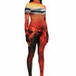 Woman wears Mars sunset print wetsuit or catsuit with chrome detail across chest and QR logo with heel cutout